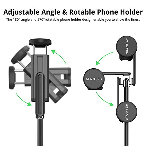 ATUMTEK Palo Selfie Trípode Bluetooth, Extensible 3 en 1 Selfie Stick de Aluminio con Mando a Distancia Inalámbrico 360° Rotación para iPhone 11/XS MAX/XS/XR/X/8 Plus/8, Samsung, Xiaomi y Más