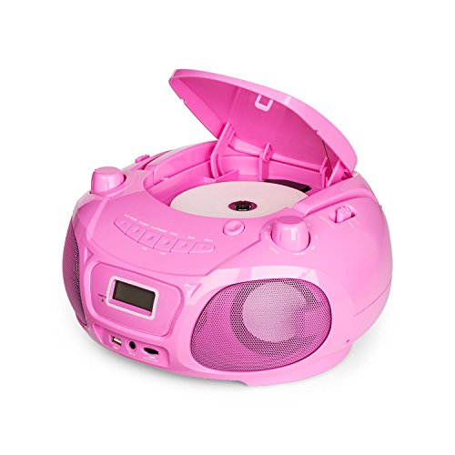 auna Roadie Sing CD - Boombox , Radio con CD , Reproductor de CD , Karaoke , Tamaño Compacto , Efecto Luminoso LED , Conectividad Bluetooth , Micrófono , con Cable o con Pilas , Rosa