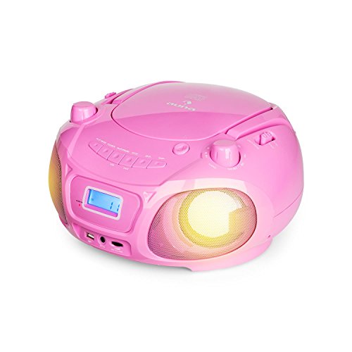 auna Roadie Sing CD - Boombox , Radio con CD , Reproductor de CD , Karaoke , Tamaño Compacto , Efecto Luminoso LED , Conectividad Bluetooth , Micrófono , con Cable o con Pilas , Rosa