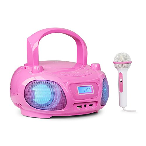 auna Roadie Sing CD - Boombox , Radio con CD , Reproductor de CD , Karaoke , Tamaño Compacto , Efecto Luminoso LED , Conectividad Bluetooth , Micrófono , con Cable o con Pilas , Rosa