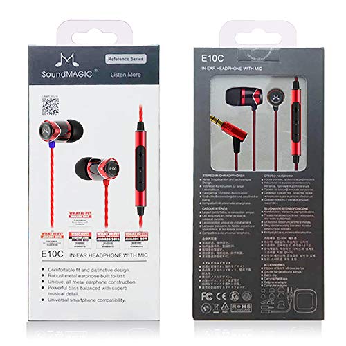 Auriculares internos con micrófono, SoundMAGIC Auriculares con Cable para teléfonos Inteligentes, Conector Universal de 3,5 mm, cancelación de Ruido, Graves potentes(E10C, Rojo)