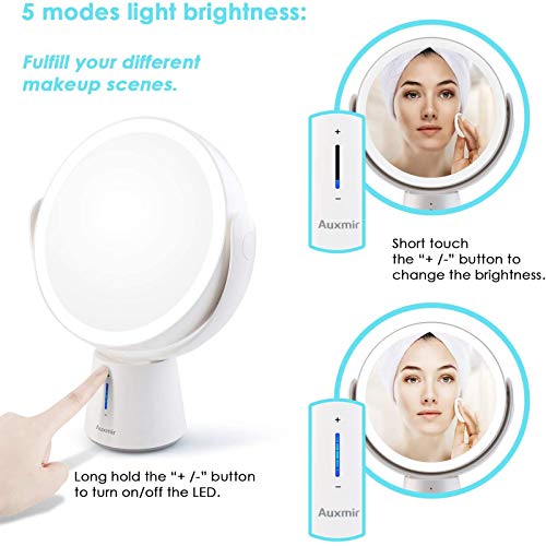 Auxmir Espejo Maquillaje con Luz LED Aumento 1X/10X, Espejo Cosmético de Doble Cara, 360 Rotación, 5 Brillos Ajustables, Recargable USB Portátil para Afeitado Maquillaje, Blanco