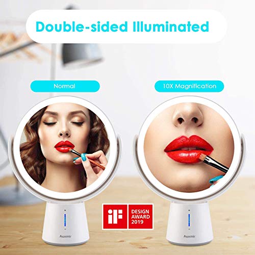 Auxmir Espejo Maquillaje con Luz LED Aumento 1X/10X, Espejo Cosmético de Doble Cara, 360 Rotación, 5 Brillos Ajustables, Recargable USB Portátil para Afeitado Maquillaje, Blanco