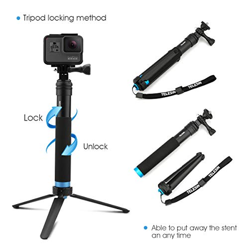 AuyKoo Palo de Selfie Trípode para Gopro, Extension Impermeable Soporte Selfie Stick, Aleación de Aluminio Palo Gopro Sumergible, Monopie para GoPro Hero 9/8/7/6/5/4, DJI OSMO Action Camara Teléfono