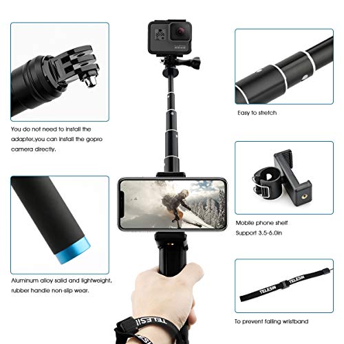 AuyKoo Palo de Selfie Trípode para Gopro, Extension Impermeable Soporte Selfie Stick, Aleación de Aluminio Palo Gopro Sumergible, Monopie para GoPro Hero 9/8/7/6/5/4, DJI OSMO Action Camara Teléfono