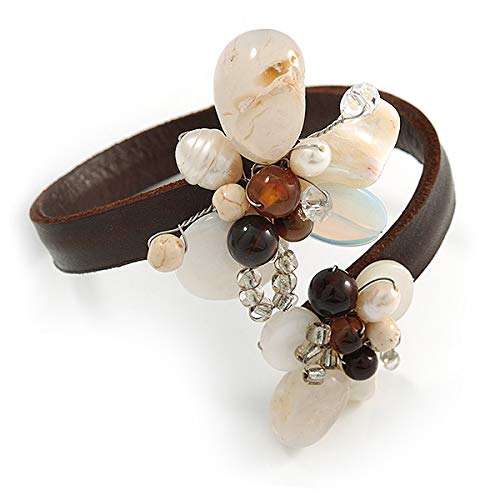 Avalaya Pulsera flexible de cuero marrón con piedra semitransparente de color plateado (marrón, blanco), ajustable