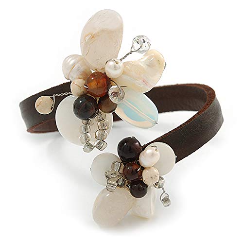 Avalaya Pulsera flexible de cuero marrón con piedra semitransparente de color plateado (marrón, blanco), ajustable