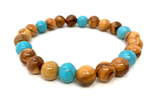 bagusto Pulsera Perlas de Madera de Olivo con Perlas turquesas de 8 mm, Hecha a Mano en Mallorca, Producto Natural, Banda elástica