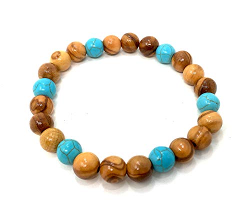 bagusto Pulsera Perlas de Madera de Olivo con Perlas turquesas de 8 mm, Hecha a Mano en Mallorca, Producto Natural, Banda elástica