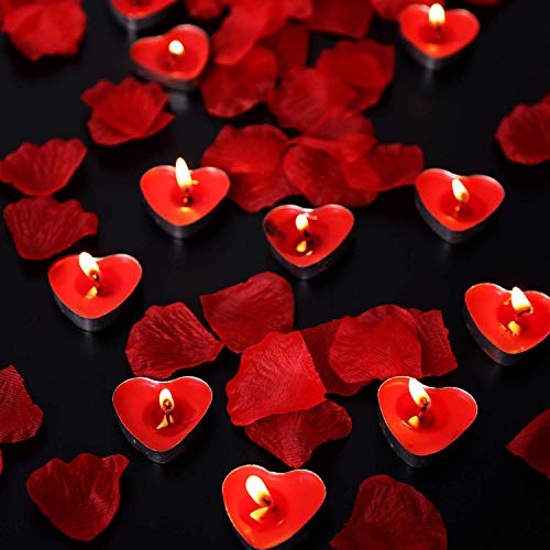 Bdecoll San Valentín & Bodas Decoración,1000 Piezas Pétalos de Rosa| 50 Rojo Velas Románticas de Corazón de Amor Para Decoración de Mesa de Boda, Día de San Valentín, Aniversario