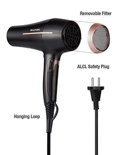 Beautural Secador de Pelo, Secador 2200W con Selector de Velocidad Reajustable del Flujo de Aire, Iónico, 2 Niveles de Calor y Aire Frio, Accesorios Concentrador y Difusor