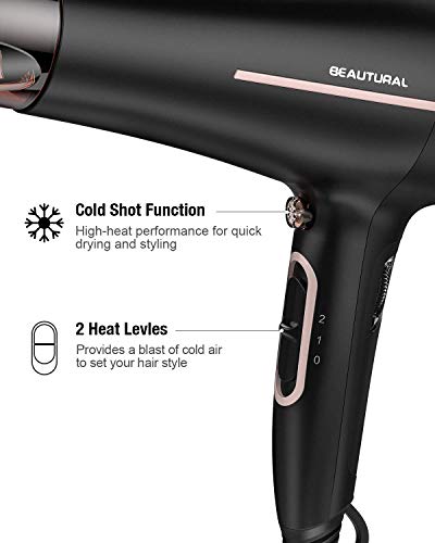 Beautural Secador de Pelo, Secador 2200W con Selector de Velocidad Reajustable del Flujo de Aire, Iónico, 2 Niveles de Calor y Aire Frio, Accesorios Concentrador y Difusor