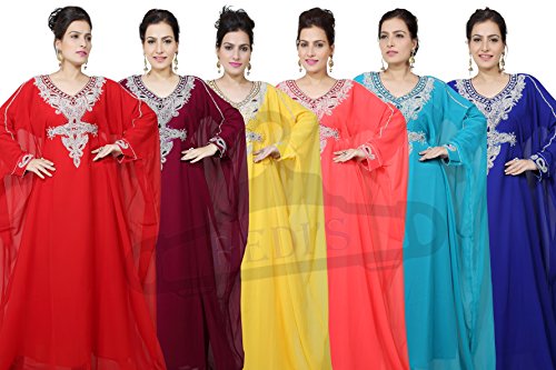 BEDI'S UAE Estilo Mujeres Farasha-Eid étnico desgaste- Maxi árabe islámico musulmanes Abaya vestido Jilbab Kaftan largo vestido - tamaño libre - turquesa(KAF-2924_TUR)