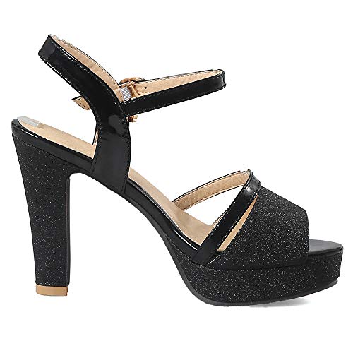 BeiaMina Mujer Zapatos Moda Tacón Alto Sandalias Plataforma Fiesta Zapatos Tacón Ancho Verano Zapatos Glitter Black Talla 32 Asiática