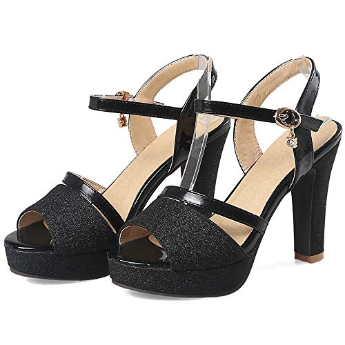 BeiaMina Mujer Zapatos Moda Tacón Alto Sandalias Plataforma Fiesta Zapatos Tacón Ancho Verano Zapatos Glitter Black Talla 32 Asiática