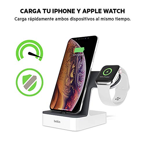 Belkin PowerHouse, Base de carga para Apple Watch + iPhone (estación de carga para iPhone 11, 11 Pro, 11 Pro Max, XS, XS Max, XR, X, SE, 8/8 Plus y otros, Apple Watch Series 5, 4, 3, 2, 1)