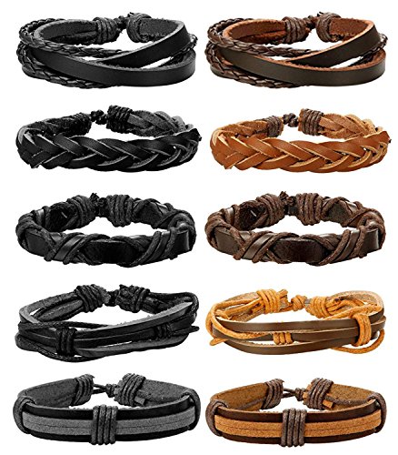 Besteel 10Piezas Pulsera Cuero para Hombre Mujer Pareja Brazalete Trenzado Plusera Cordón, Ajustable