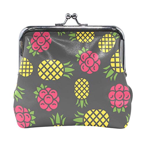 BGHYT Billetera Piña Amarilla Frambuesas Rojas Monederos Negros Monederos Cartera de Cambio de Cuero Cartera Cartera