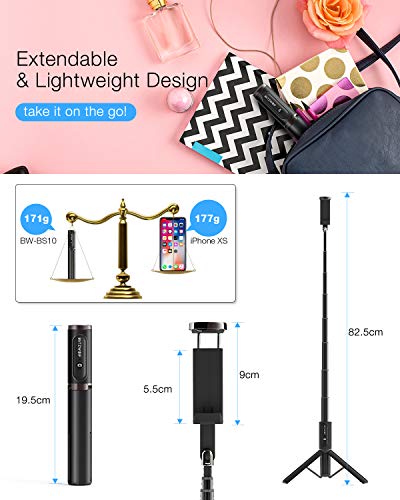 BlitzWolf Palo Selfie Trípode con Control Remoto Bluetooth, Selfie Stick Extensible de Aluminio para iPhone XS MAX/XR/XS/X/8/8P/7/7P/6, Galaxy S10/S9/S8/S7, Huawei, Xiaomi y etc.(Gris)