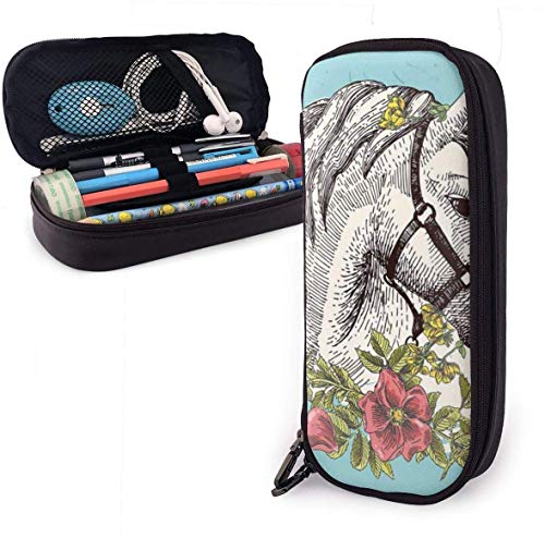 Boho Style Horse Opium Cute Pen Estuche para lápices Cuero 8 X 3.5 X 1.5 Inch Gran capacidad Cremalleras dobles Bolso para lápices Bolso Estuche para bolígrafo para oficina escolar Niñas Niños Adultos