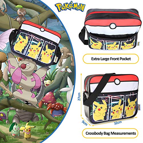 Bolsos Infantiles Negros Pokémon para Niños | Bolsa De Mensajero Deportiva con Pikachu | Mochila Pokemon con Correa Larga para Usar como Bandolera | Bolsa De Viaje Elegante | Regalo De Cumpleaños