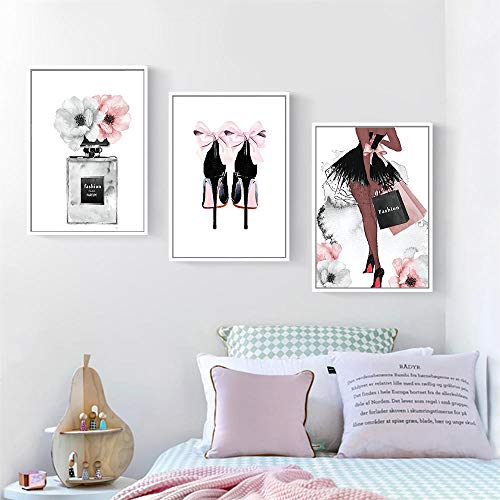 Botella de perfume Cartel nórdico Arte de la pared Moda Tacones altos Impresión de la lona Pintura Mujer Imágenes para la sala Decoración moderna SIN marco 40 * 60 cm * 3