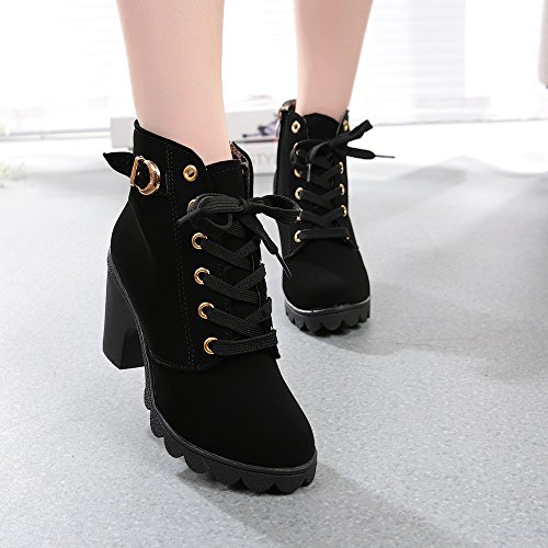 Botines Mujer Tacon Plataforma Botas Invierno Moda 2019 Zapatos Militares con Cordones Botines de Tacón Grueso Zapatos de Discoteca Antideslizante Botin Hebillas Yvelands(Negro,38)