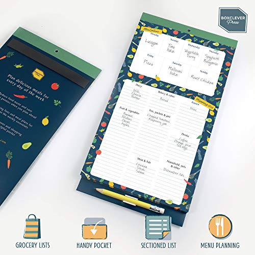 Boxclever Press Lista Compra Nevera. Pizarra magnética con lista de la compra, lista de comidas y menú. Planificador semanal bloc de notas. Incluye un lápiz y un bolsillo. (Cocina)