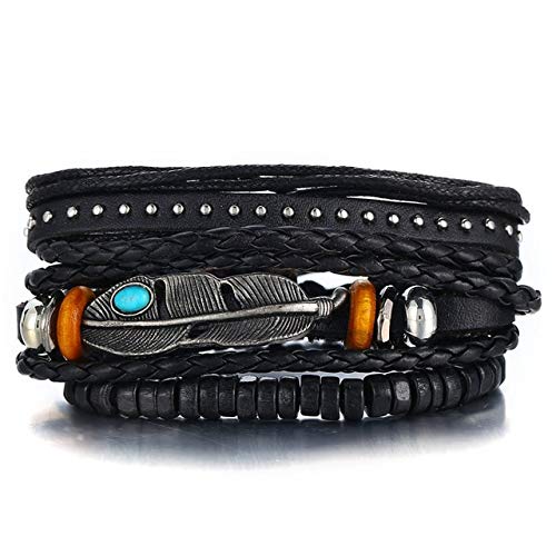 BQZB Pulsera Moda 4 unids/Set Pulseras Vintage Hechas A Mano Femenina Homme Masculino Punk Wood Bead Charm Hombres Pulsera de Cuero para Mujeres Joyería C46