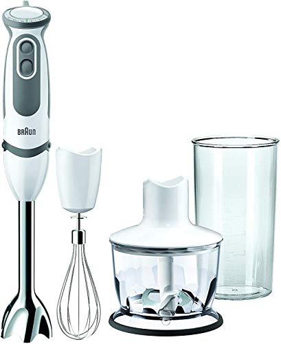 Braun Minipimer 5 MQ 5035 Sauce - Batidora de mano, 750 w potencia, 21 velocidades, vaso medidor 0,6l, campana anti-salpicaduras, accesorio batidor, accesorio picador, blanco y gris