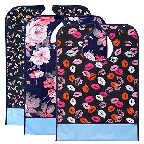 BTSKY 3Pcs Baberos Reutilizables Impermeables para Adultos, Lavables, Protectores de Comida para Ropa con Recogedor de Migas Estampado Bonito