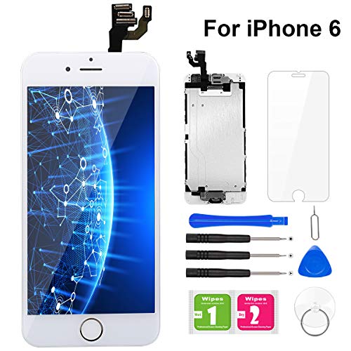 BuTure Para Pantalla iPhone 6 Blanco Pantalla Táctil LCD con Cámara frontal,Sensor de proximidad,altavoz, ensamblaje de marco digitalizador y kit de reparación