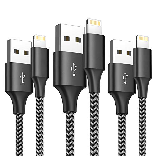 Cable Cargador iPhone, [3Pack 2M] Cable Lightning Carga Rápida Trenzado de Nylon Compatible con Apple iPhone 11 Pro XS MAX XR X 8 Plus 7 Plus 6S 6 Plus 5 5S 5C SE, iPad-Negro