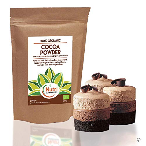 Cacao en Polvo Orgánico - Vegano, Ingrediente de chocolate oscuro puro - Sin azúcar e Ideal para hornear, chocolate caliente y batidos - 500g