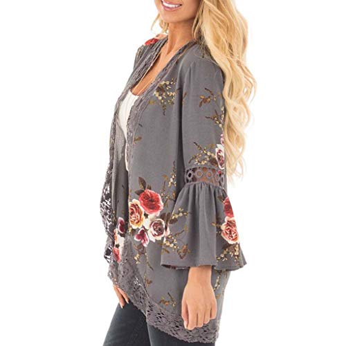 Cardigans Mujer Flores 2019 Nuevo SHOBDW Pareos Casual Cardigans Mujer Kimono Manga 3/4 Tops Blusa Camisa de Protección Solar Verano Cover Up Playa Mujer(Gris,XXL)