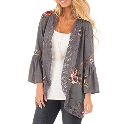 Cardigans Mujer Flores 2019 Nuevo SHOBDW Pareos Casual Cardigans Mujer Kimono Manga 3/4 Tops Blusa Camisa de Protección Solar Verano Cover Up Playa Mujer(Gris,XXL)