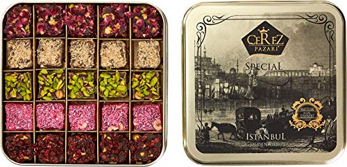 Cerez Pazari Delicias Turcas Caja de regalo de postre gourmet surtido para Navidad, Pascua, Día de la Madre, Cumpleaños Fantástica Rosa, Granada, Sabor a fresa con tuercas 25 piezas- 500 g