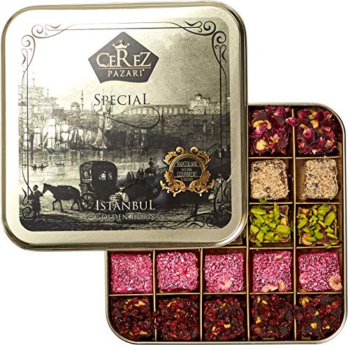 Cerez Pazari Delicias Turcas Caja de regalo de postre gourmet surtido para Navidad, Pascua, Día de la Madre, Cumpleaños Fantástica Rosa, Granada, Sabor a fresa con tuercas 25 piezas- 500 g