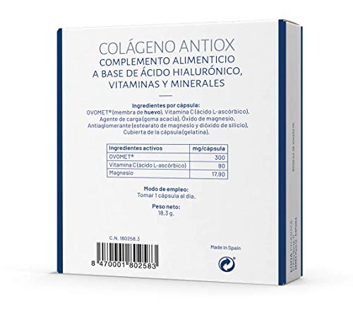 Colageno OVOMET con Vitamina C y Magnesio - Origen membrana del Huevo que contiene Colageno Tipo I V X Acido Hialuronico Condroitina Glucosamina Lisozima - Especial Antioxidante - 30 capsulas