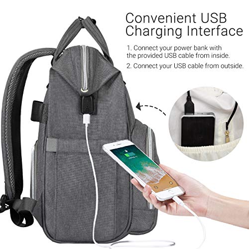 COSYLAND Mochilas para Pañales Biberones Bolso de Cambio Mamá Multifuncional Impermeable de Gran Capacidad con Aislado Bolsillos para Cuidado de Bebé con 2 Correas de Cochecito Puerto y Cable USB Gris