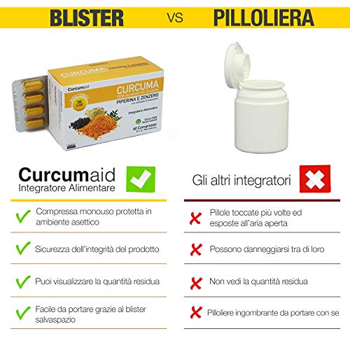 Curcuma con Jengibre y Pimienta Negra | 60 tabletas de cúrcumina con piperina, EN BLISTER con extracto de Jengibre y Boswellia [fórmula UNO AL DÍA], suplementos alimenticios| Curcuma Capsulas |