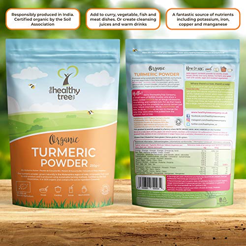 Cúrcuma en Polvo Orgánico de TheHealthyTree Company - Vegano, Excelente en Sopas, Zumos, Curry y Platos Vegetarianos - Raíz de Curcumina de Cúrcuma Pura (250 g)