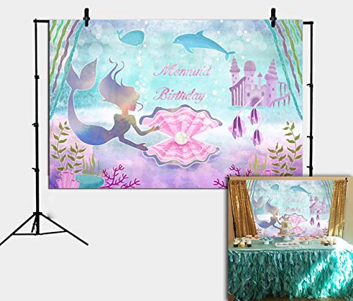 Daniu Little Mermaid Birthday Party Backdrop 7x5ft Under The Sea Castle Whale Pearl Girls Photography Background Princess Purple Cake Table Banner Photo Booth Props