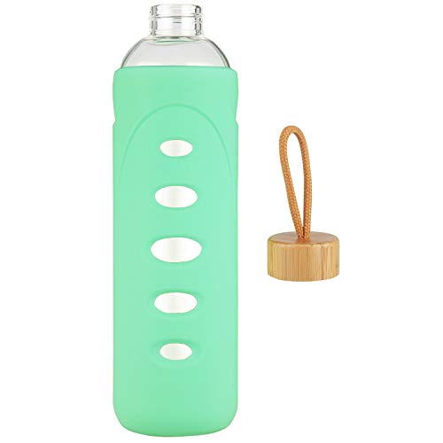 DEARRAY Botella de Agua de Cristal de Borosilicato Deportivo 400ml / 750ml / 1000ml / 1 Litro, Botella de Agua de Vidrio con Funda de Silicona y Tapa de Bambú Único