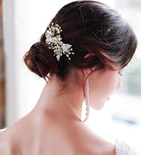 Deniferymakeup, peine de perlas de agua dulce, peine de boda con peine de flores y diamantes de imitación, peine de pelo de hojas doradas, peineta para novia, dama de honor