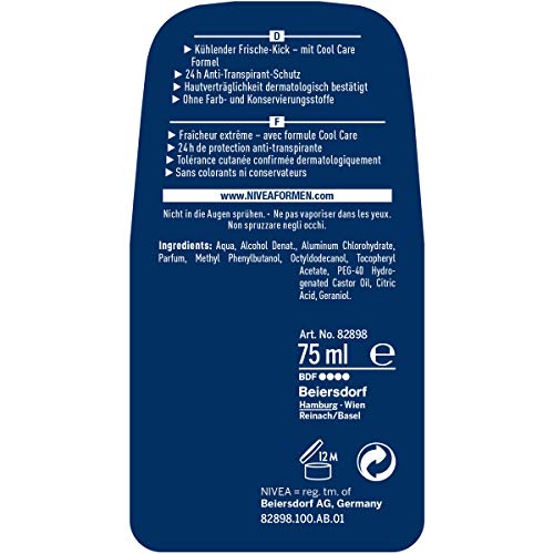 Desodorante Nivea Men Cool Kick en un paquete de 1 unidad (1 x 75 ml), antitranspirante para una sensación refrescante en la piel, desodorante con 24 h de protección