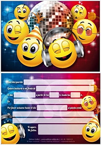 Edition Colibri 10 Invitaciones en español “EMOTICONOS EN LA Discoteca“: Juego de 10 Invitaciones graciosas Tipo Smiley para el cumpleaños Infantil (10833 ES)