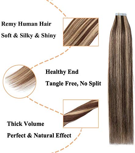 Elailite 20 Piezas Extensiones Adhesivas de Cabello Natural Pelo Humano Mecha Remy Hair - 30 cm #4P27 Marrón Medio Mecha Rubio Oscuro Tape in Hair Extension Lisa - 30g (1.5g/pieza)