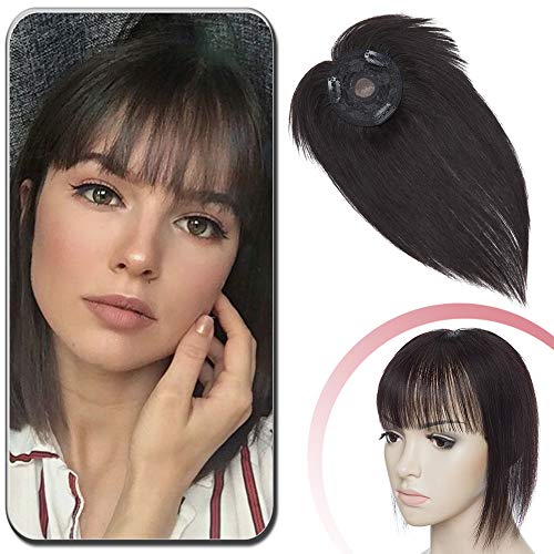 Elailite Flequillo Postizo Pelo Natural Prótesis Capilares Mujer Extensiones de Clip Pelo Natural - 25 cm #1B Negro Natural [Base Redondo] (130% Densidad) - 100% Human Topper