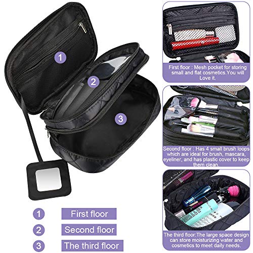 EMAGEREN Bolsa de Maquillaje con Espejo para Mujer Bolsa de Cosmetico para Viaje Bolsa de Maquillaje Pequeñas Neceser de Maquillaje para Mujer Bolsa de Aseo de Double Capas, 20 * 12 * 8 cm, Negro